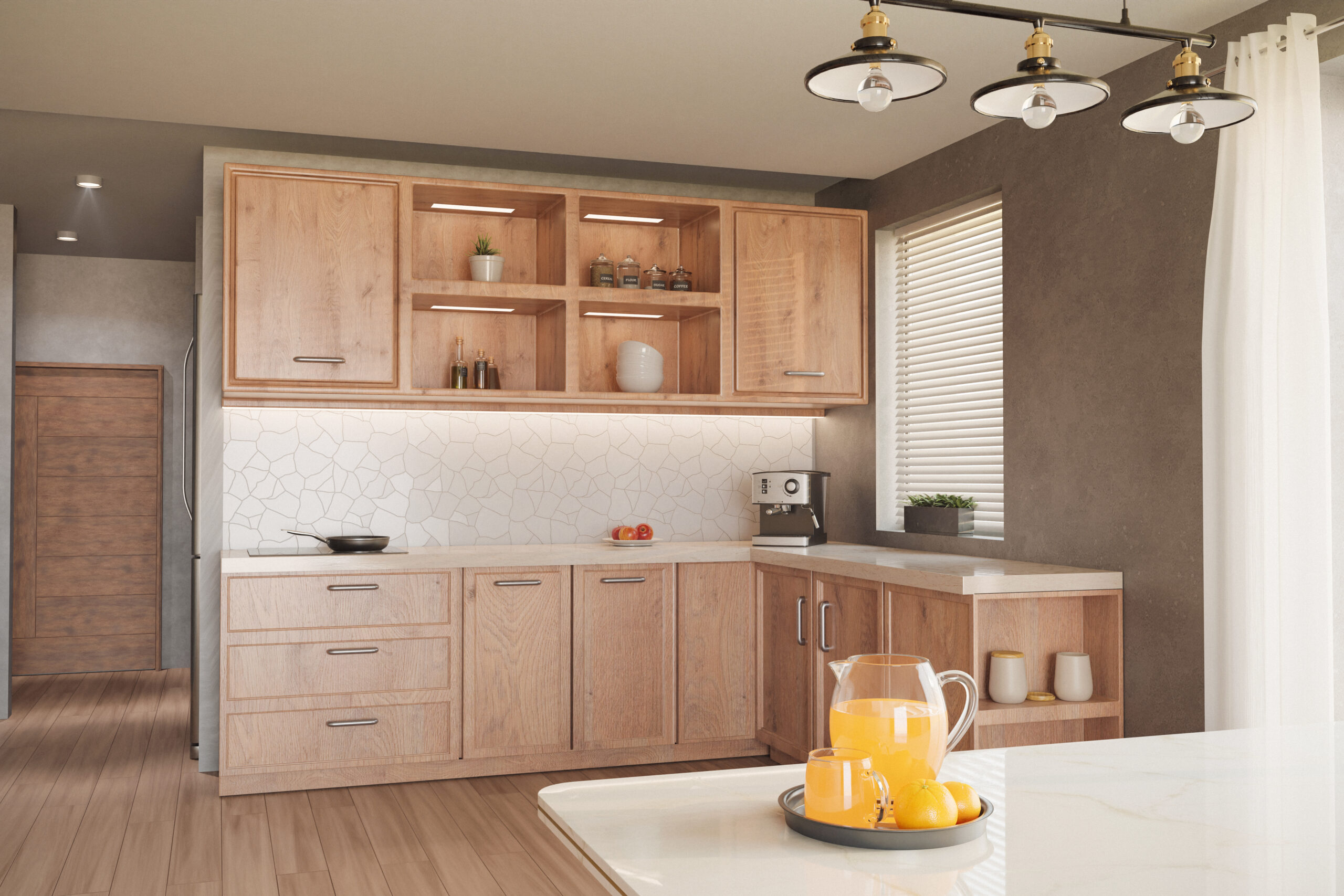 interior kitchen, wooden cabinets, dining table, decorations and food