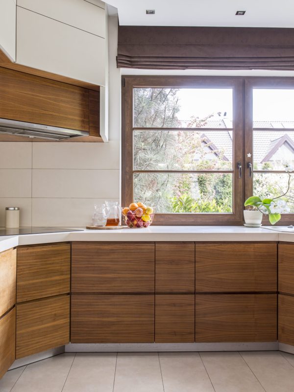 Wooden cupboards in new kitchen