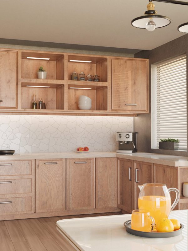 interior kitchen, wooden cabinets, dining table, decorations and food